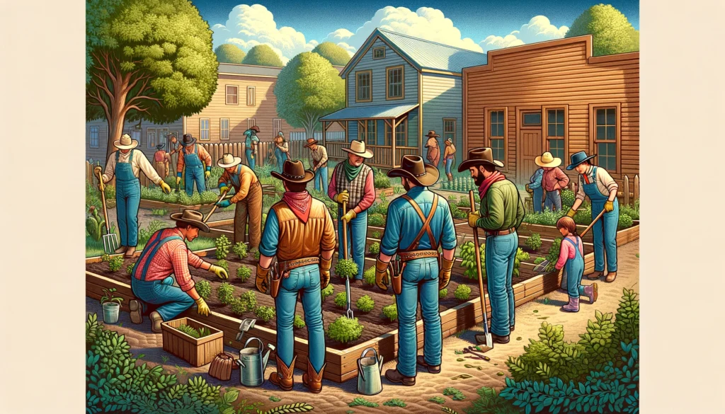 Cowboys and Farmer at Charity Weekend - A vivid and detailed wide illustration depicting cowboys and farmers engaged in community service, emphasizing charity work. The scene shows a group o (2)