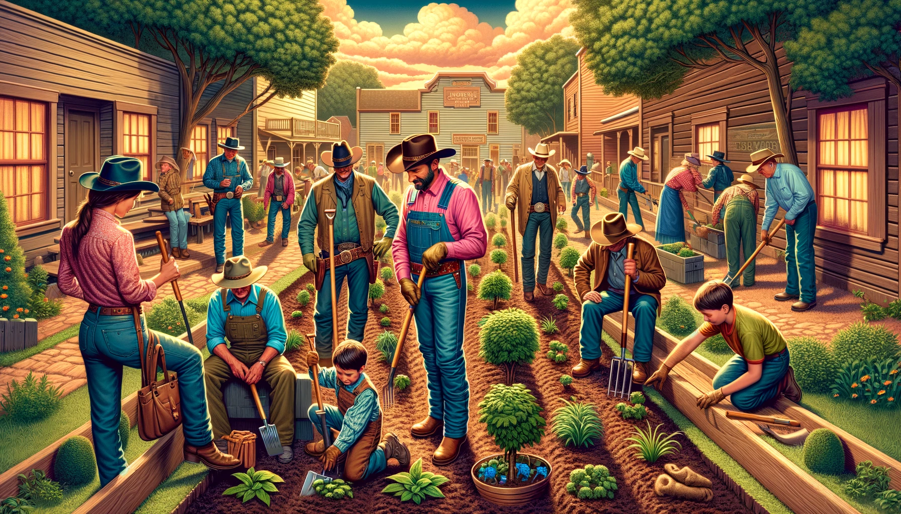 Cowboys and Farmer at Charity Weekend - A vivid and detailed wide illustration depicting cowboys and farmers engaged in community service, emphasizing charity work. The scene shows a group o (2)